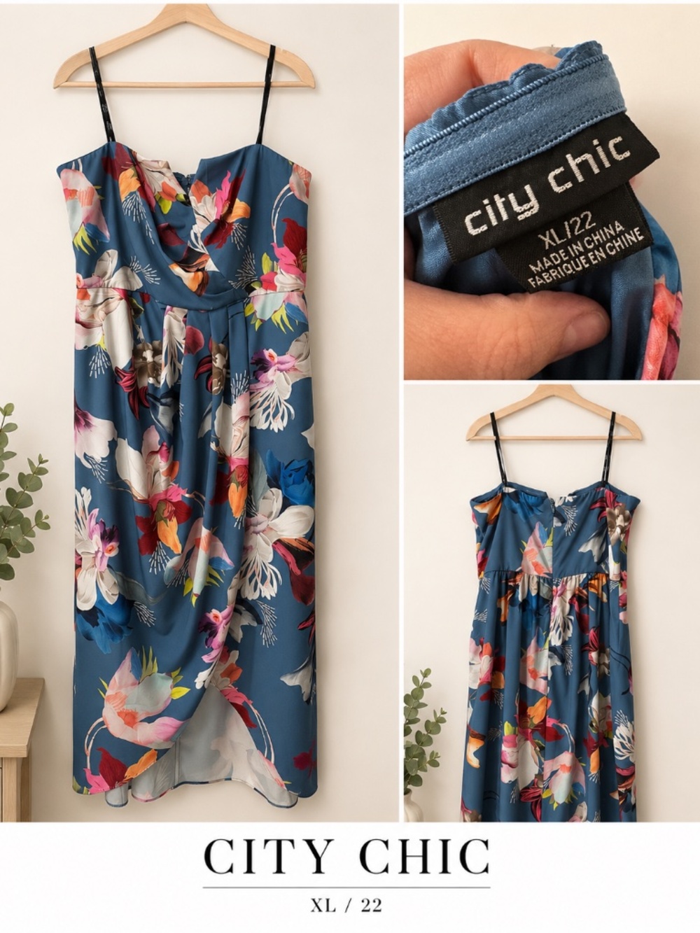 City Chic Plus Size XL/22 Blue Floral Midi Dress Wedding Guest